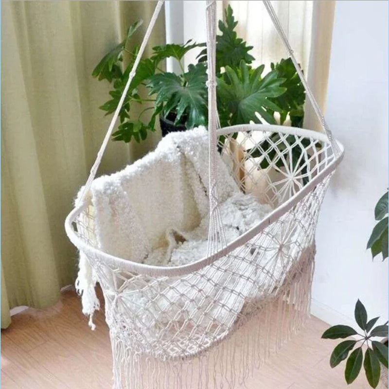 Baby Crib Cradle, Hanging Bassinet and Portable Swing for Baby Nursery Rope Fringe Measures 35" L X 23.25" W X 14" H