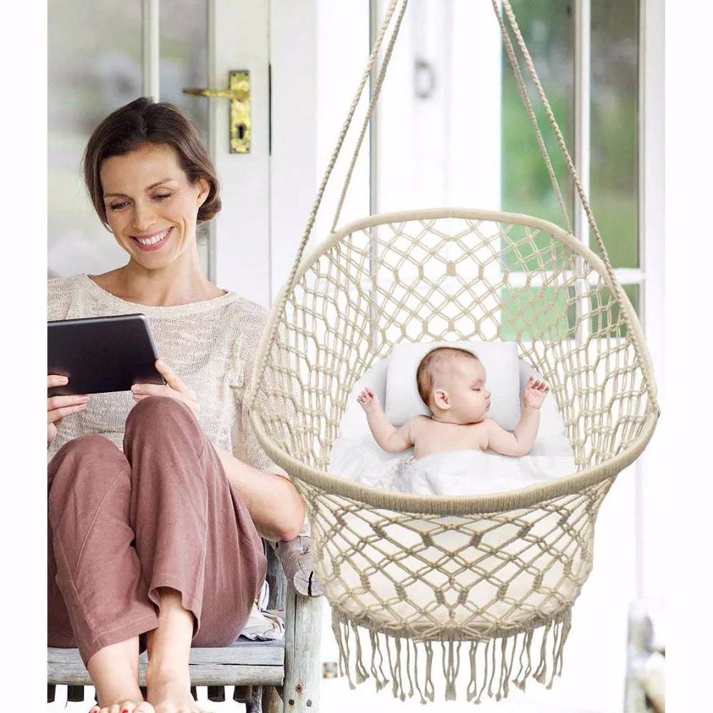 Baby Crib Cradle, Hanging Bassinet and Portable Swing for Baby Nursery Rope Fringe Measures 35" L X 23.25" W X 14" H